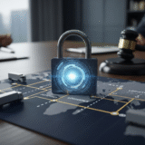 Um cadeado digital simbolizando o Plano de Gerenciamento de Riscos na mitigação da responsabilidade do transportador em casos de roubo de carga.