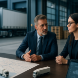 Executivo do transporte e assessora jurídica analisando operação logística em mesa estratégica com doca e caminhão desfocados ao fundo.