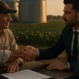 Negociação estratégica de compra e venda futura de grãos entre empresários do agro diante de silos e lavoura, com foco em gestão de risco contratual e volatilidade do mercado.