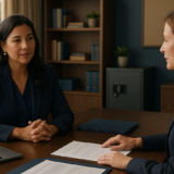 Gestora escolar e responsável em reunião administrativa elegante, com foco em privacidade, governança de dados e proteção de informações de alunos no ambiente educacional.