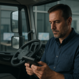 Motorista profissional ao lado de caminhão com central operacional desfocada ao fundo, transmitindo controle de jornada, telemetria e governança trabalhista no transporte.