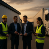 Operação logística com caminhões e equipe coordenando cadeia subcontratada de transporte em terminal, com foco em controle, parceria e mitigação de risco.